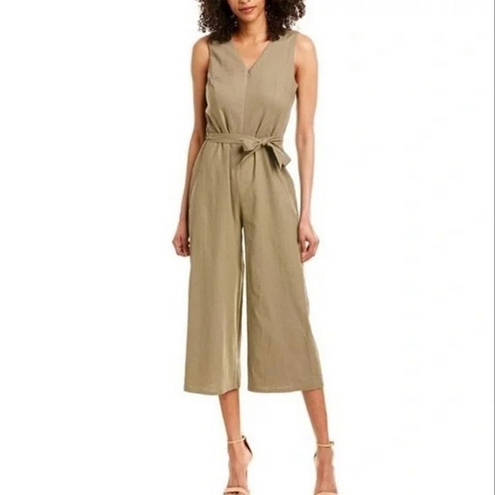 T Tahari Linen Blend Jumpsuit Size 4 Olive‎ Green Quiet Luxury Resort Minimalist